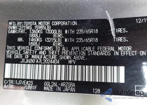 2020 Lexus Rx 350L z USA, uszkodzony, nr VIN JTJHZKFA7L2024404